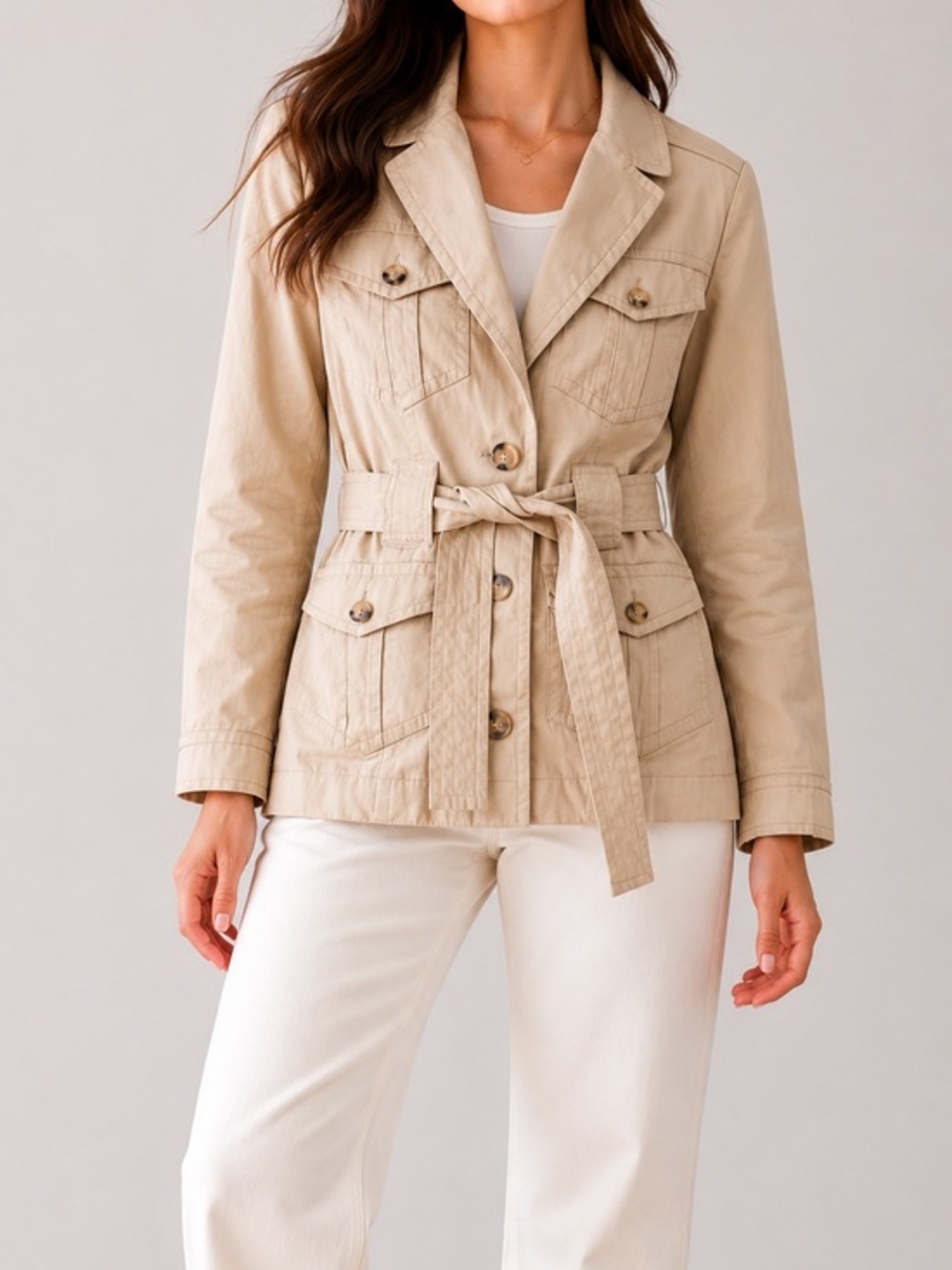 ba&sh Muse Belted Safari Utility Jacket Beige Gabardine Parisian Chic
